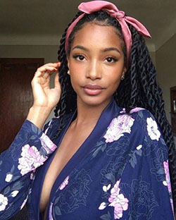 Maquillaje de belleza, pelo de la cabeza.: Cabello con textura afro,  trenzas de caja,  peinados africanos  