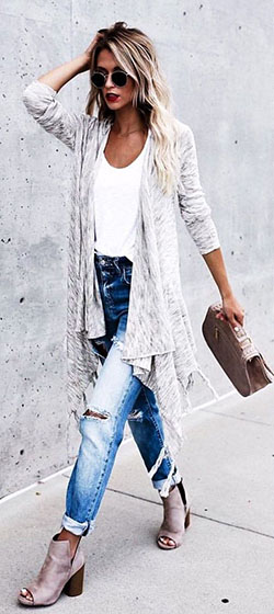 Outfit mujer cárdigan gris, street fashion, boho chic: Atuendos Informales,  Estilo callejero,  boho chic  