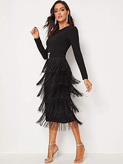 Estilo de traje negro con pequeño vestido negro, vestido de cóctel.: vestidos de coctel,  Falda de tubo,  modelo,  Traje negro,  vestido de día,  pequeño vestido negro,  Faldas con flecos  